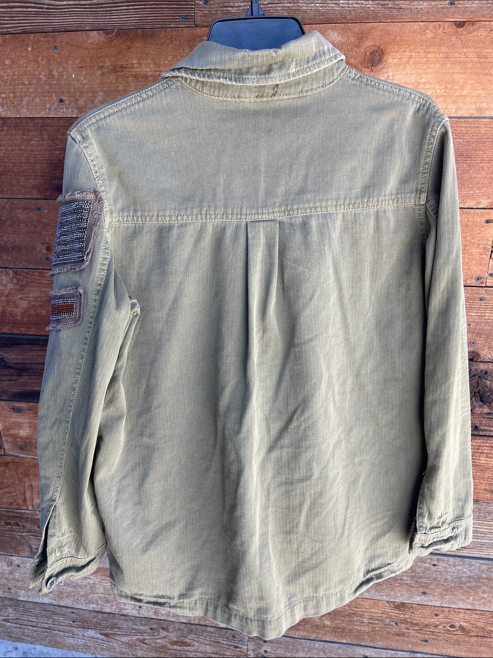 Free People Olive Military Utility Jacket Beaded Eagle Patch Cotton Small - Picture 6 of 6